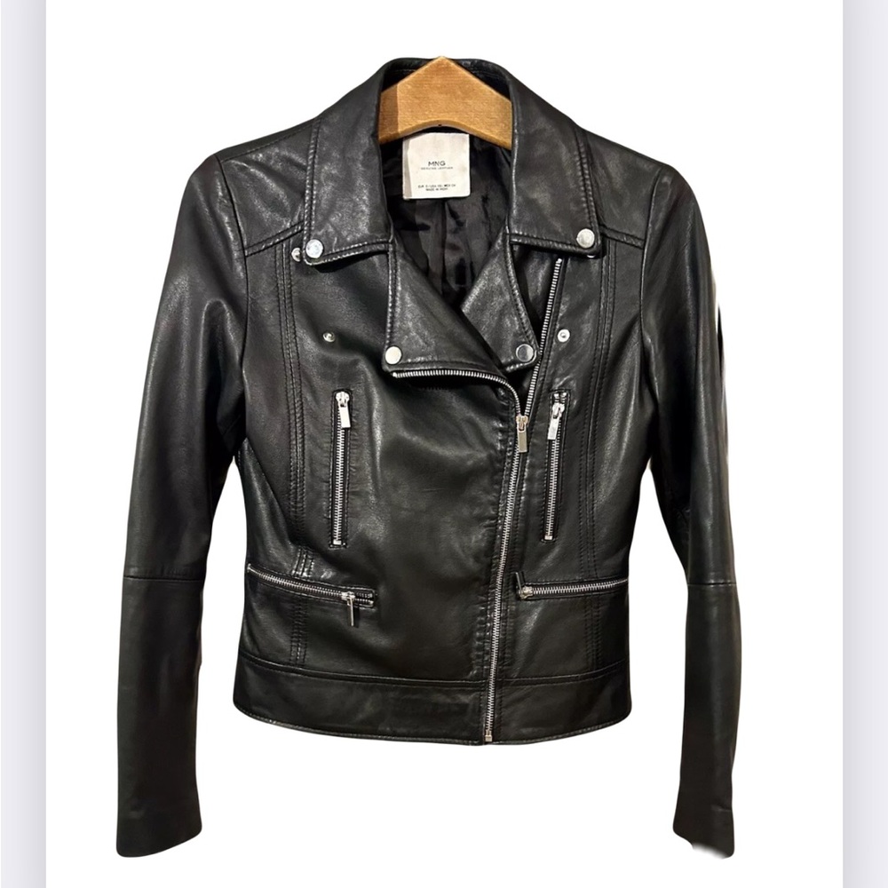 Mango Genuine Black Leather Biker Jacket